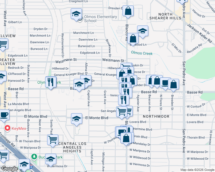 map of restaurants, bars, coffee shops, grocery stores, and more near 1638 Basse Road in San Antonio