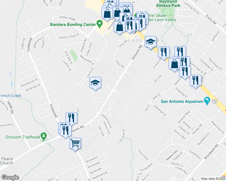 map of restaurants, bars, coffee shops, grocery stores, and more near 6010 Grissom Road in Leon Valley