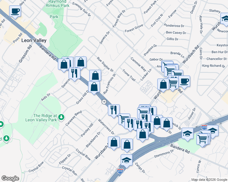 map of restaurants, bars, coffee shops, grocery stores, and more near 6011 Rue Liliane Street in Leon Valley