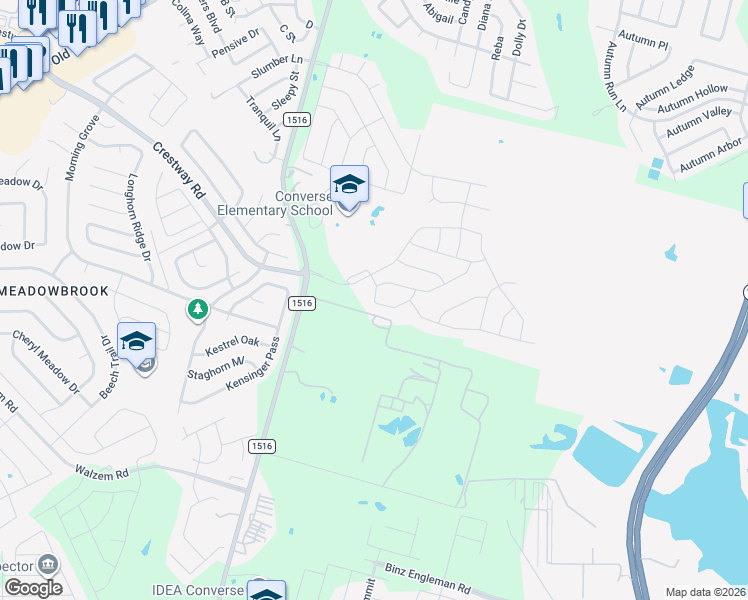 map of restaurants, bars, coffee shops, grocery stores, and more near 6494 Farm to Market 1516 in Converse
