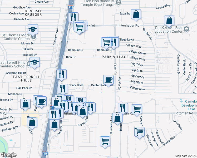 map of restaurants, bars, coffee shops, grocery stores, and more near 4847 Center Park Boulevard in San Antonio