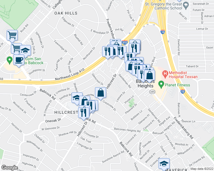 map of restaurants, bars, coffee shops, grocery stores, and more near 3103 Hillcrest Drive in San Antonio