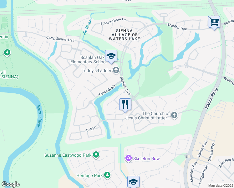 map of restaurants, bars, coffee shops, grocery stores, and more near 15 Tayside Track in Missouri City