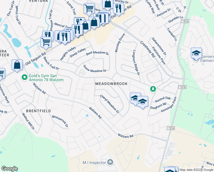 map of restaurants, bars, coffee shops, grocery stores, and more near 8029 Coral Meadow Drive in Converse