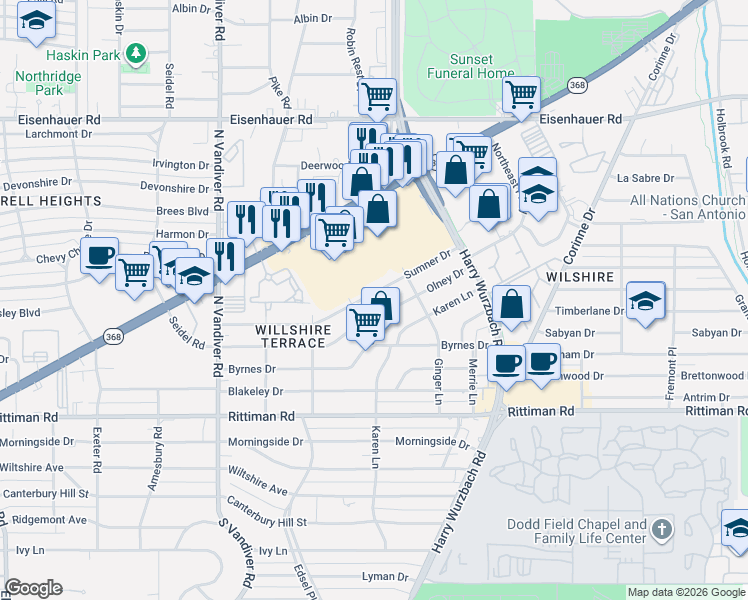 map of restaurants, bars, coffee shops, grocery stores, and more near 603 Olney Drive in San Antonio