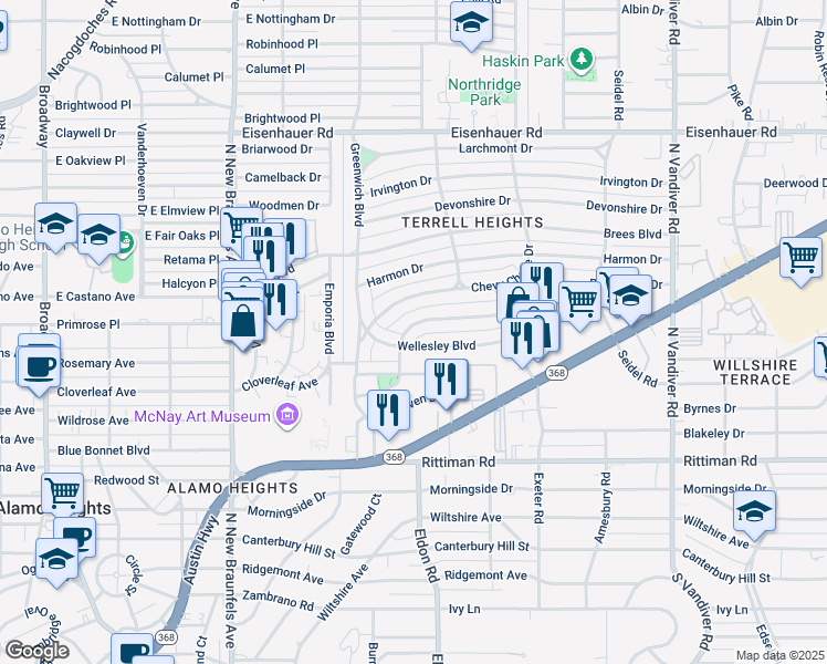 map of restaurants, bars, coffee shops, grocery stores, and more near 205 Wellesley Boulevard in San Antonio