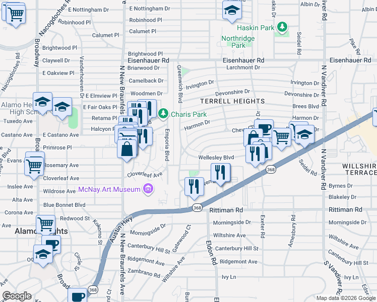 map of restaurants, bars, coffee shops, grocery stores, and more near 118 Greenwich Boulevard in San Antonio