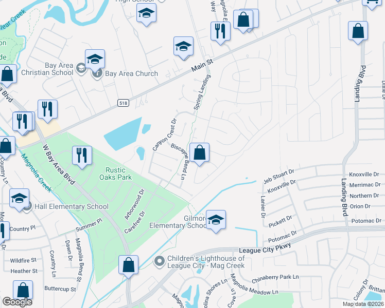 map of restaurants, bars, coffee shops, grocery stores, and more near 522 Mannington Lane in League City