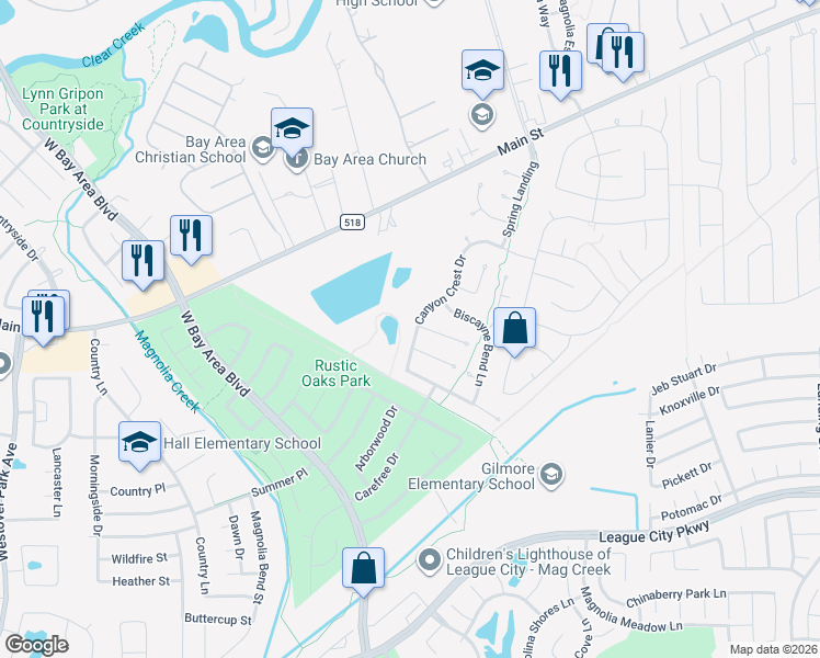 map of restaurants, bars, coffee shops, grocery stores, and more near 4516 Avery Hollow Court in League City
