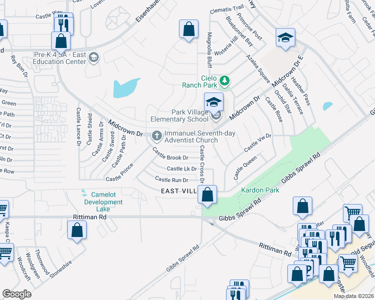 map of restaurants, bars, coffee shops, grocery stores, and more near 5845 Castle Brook Drive in San Antonio