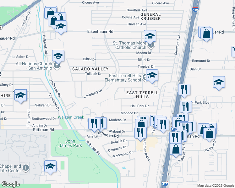 map of restaurants, bars, coffee shops, grocery stores, and more near 6523 Joline Lane in San Antonio
