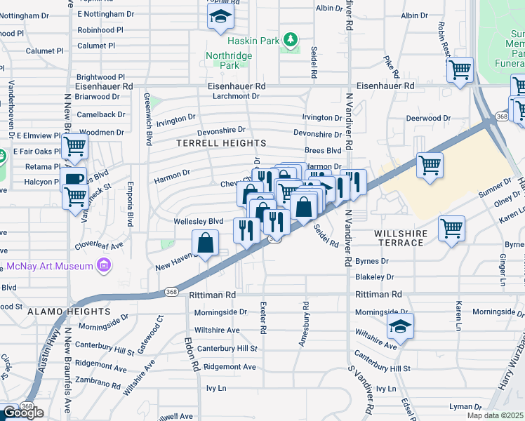map of restaurants, bars, coffee shops, grocery stores, and more near 1211 Mount Calvary Drive in San Antonio