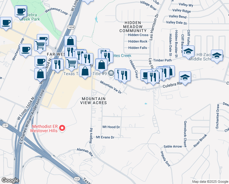 map of restaurants, bars, coffee shops, grocery stores, and more near 5567 Mount McKinley Drive in San Antonio