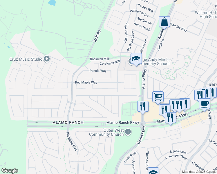 map of restaurants, bars, coffee shops, grocery stores, and more near 12430 Loving Mill in San Antonio