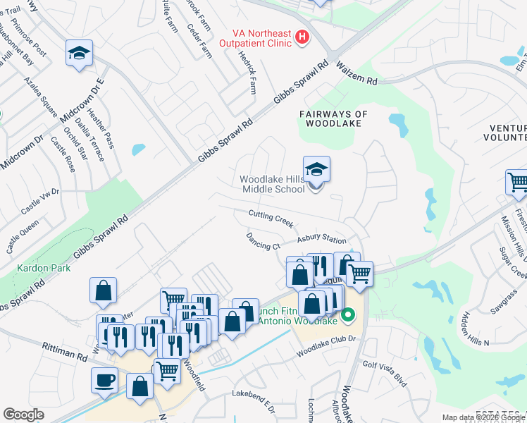 map of restaurants, bars, coffee shops, grocery stores, and more near 6907 Cutting Creek in San Antonio