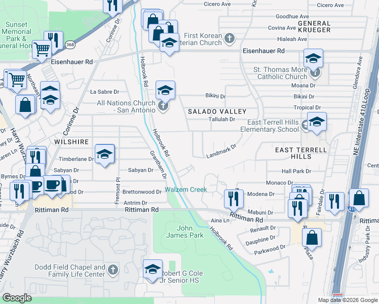 map of restaurants, bars, coffee shops, grocery stores, and more near 4002 Landmark Drive in San Antonio
