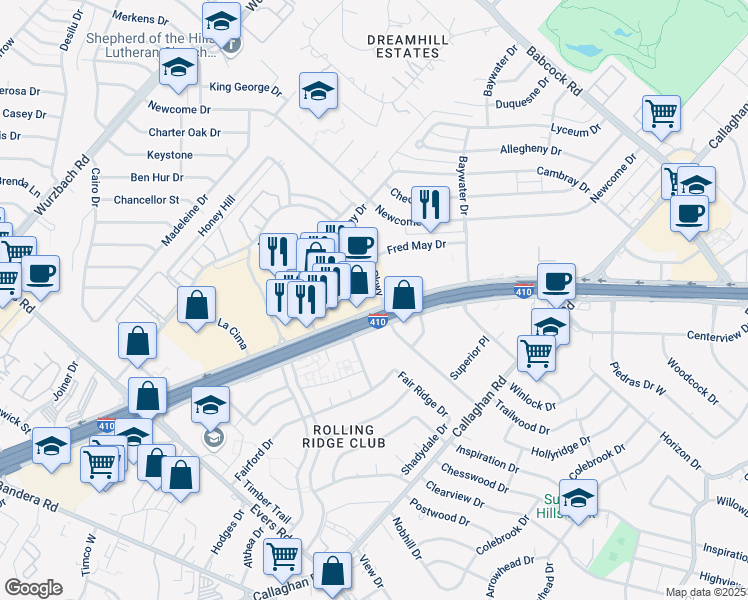 map of restaurants, bars, coffee shops, grocery stores, and more near 4903 Northwest Loop 410 in San Antonio