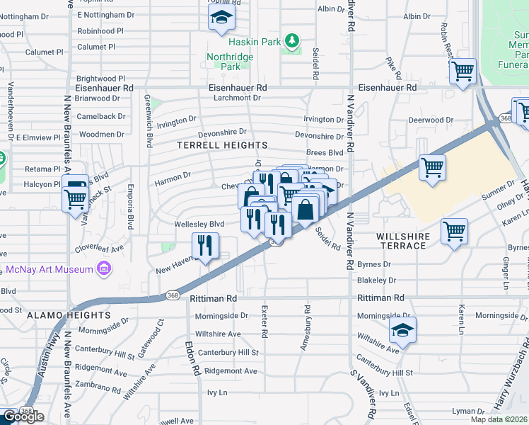 map of restaurants, bars, coffee shops, grocery stores, and more near 1221 Austin Highway in San Antonio