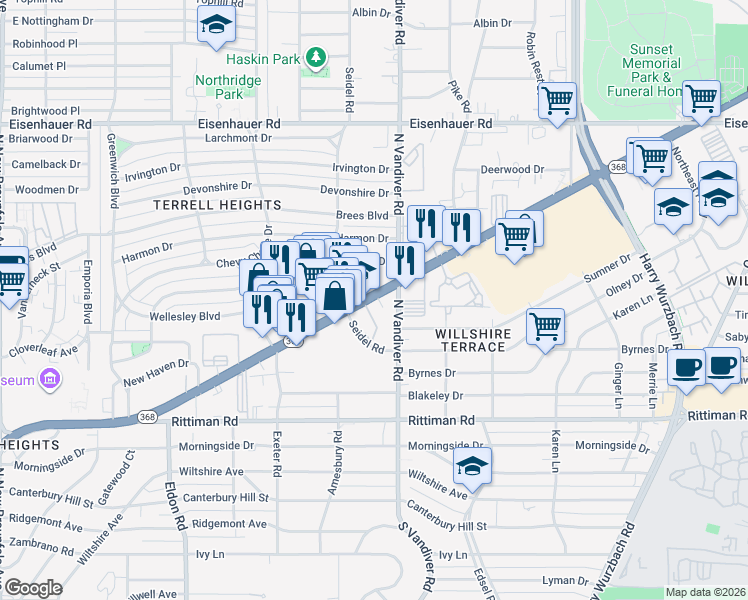 map of restaurants, bars, coffee shops, grocery stores, and more near 1258 Austin Highway in San Antonio