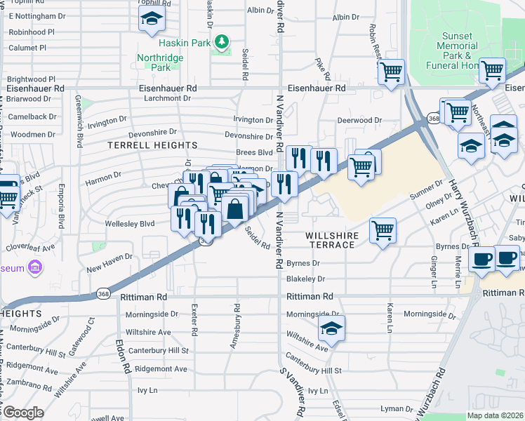 map of restaurants, bars, coffee shops, grocery stores, and more near 1254 Austin Highway in San Antonio