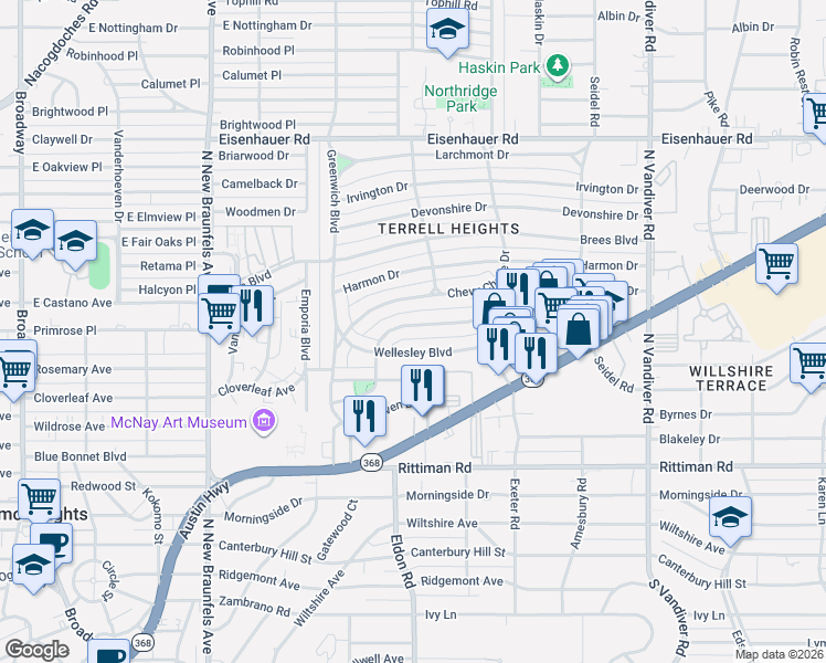 map of restaurants, bars, coffee shops, grocery stores, and more near 225 Wellesley Boulevard in San Antonio