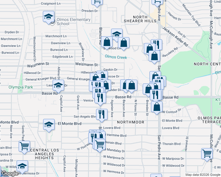 map of restaurants, bars, coffee shops, grocery stores, and more near 1343 Basse Road in San Antonio