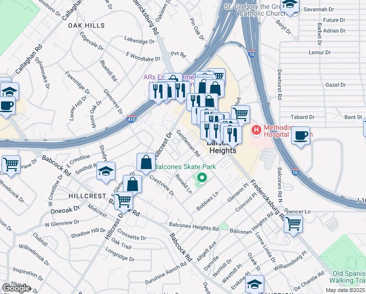 map of restaurants, bars, coffee shops, grocery stores, and more near 205 Leisure Drive in San Antonio