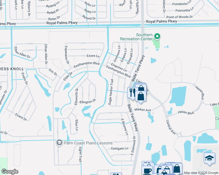 map of restaurants, bars, coffee shops, grocery stores, and more near 63 Eagle Harbor Trail in Palm Coast
