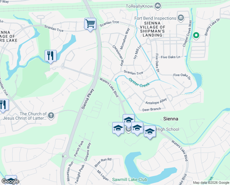 map of restaurants, bars, coffee shops, grocery stores, and more near Waters Lake Boulevard in Sienna Plantation