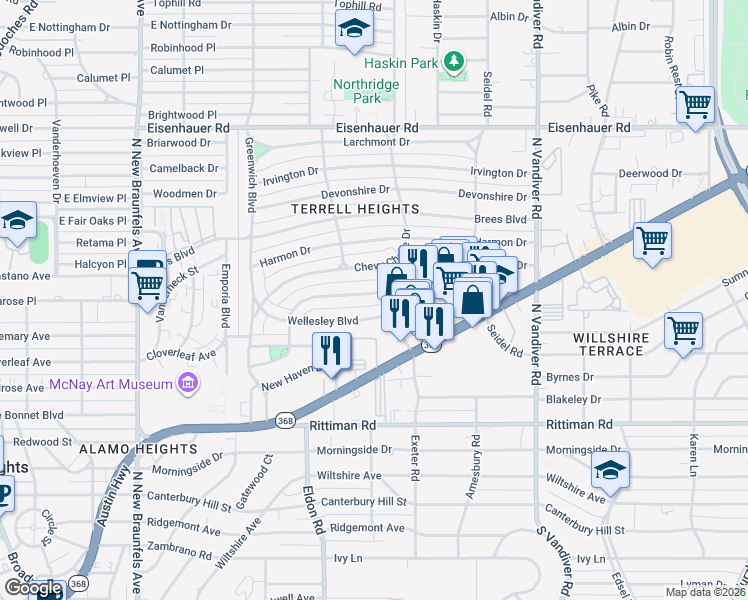 map of restaurants, bars, coffee shops, grocery stores, and more near 168 Bryn Mawr Drive in San Antonio