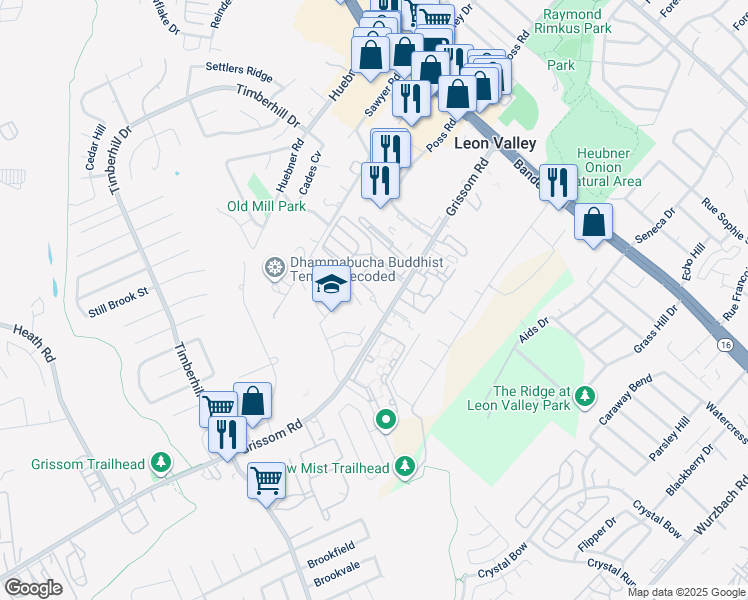map of restaurants, bars, coffee shops, grocery stores, and more near 6011 Grissom Road in Leon Valley