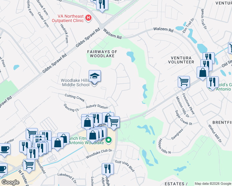 map of restaurants, bars, coffee shops, grocery stores, and more near 6735 Pleasant Bay in San Antonio