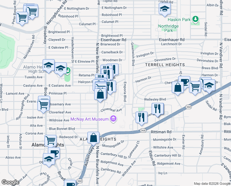 map of restaurants, bars, coffee shops, grocery stores, and more near 147 Pinecrest Boulevard in San Antonio