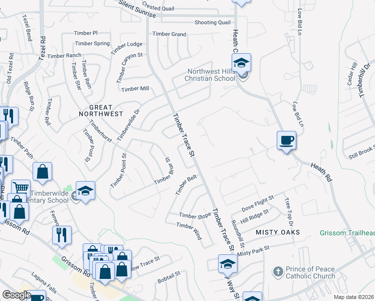 map of restaurants, bars, coffee shops, grocery stores, and more near 8407 Timber Flat Street in San Antonio