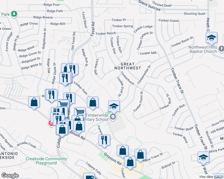 map of restaurants, bars, coffee shops, grocery stores, and more near 5423 Timbermont Street in San Antonio
