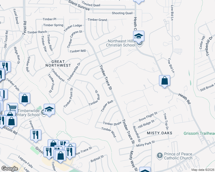 map of restaurants, bars, coffee shops, grocery stores, and more near 8407 Timber Flat Street in San Antonio