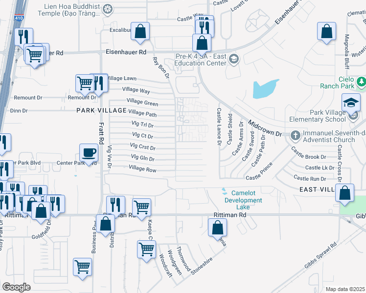 map of restaurants, bars, coffee shops, grocery stores, and more near 5211 Village Crest in San Antonio