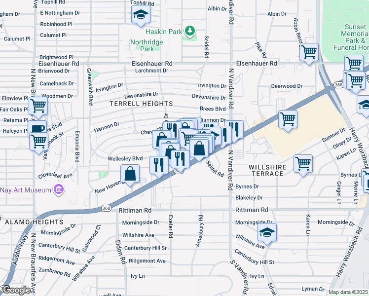map of restaurants, bars, coffee shops, grocery stores, and more near 310 Bryn Mawr Drive in San Antonio