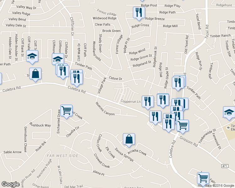 map of restaurants, bars, coffee shops, grocery stores, and more near 1903 Timber Path in San Antonio