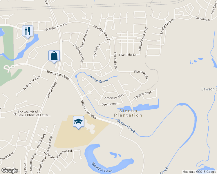 map of restaurants, bars, coffee shops, grocery stores, and more near 10418 Caribou Cove Court in Missouri City
