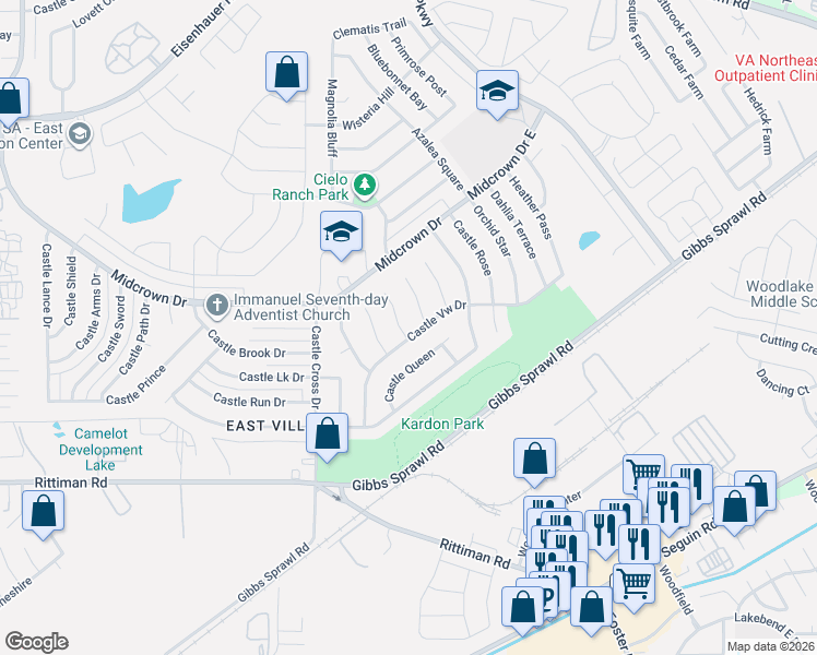 map of restaurants, bars, coffee shops, grocery stores, and more near 4822 Castle Kent Drive in San Antonio