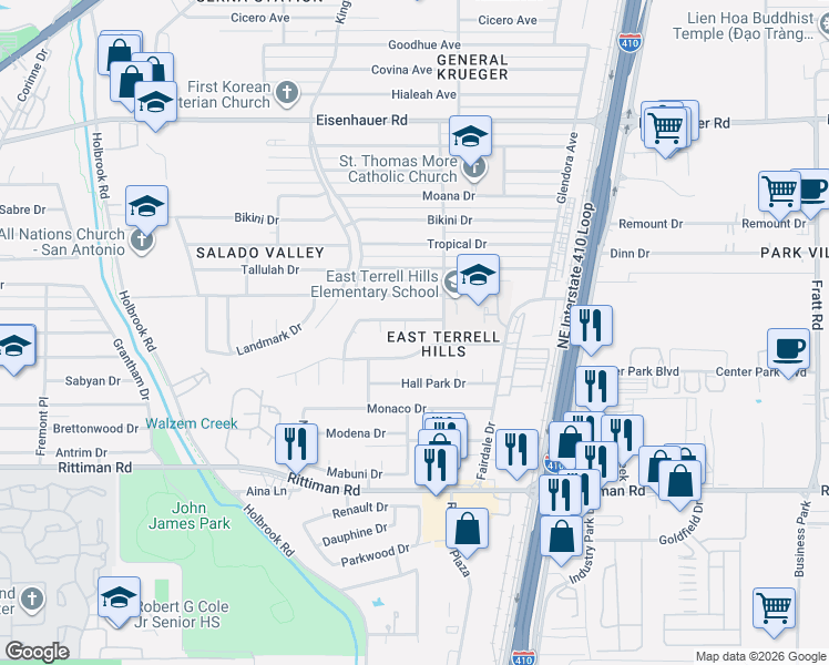 map of restaurants, bars, coffee shops, grocery stores, and more near 4227 Chestnut Hill Drive in San Antonio