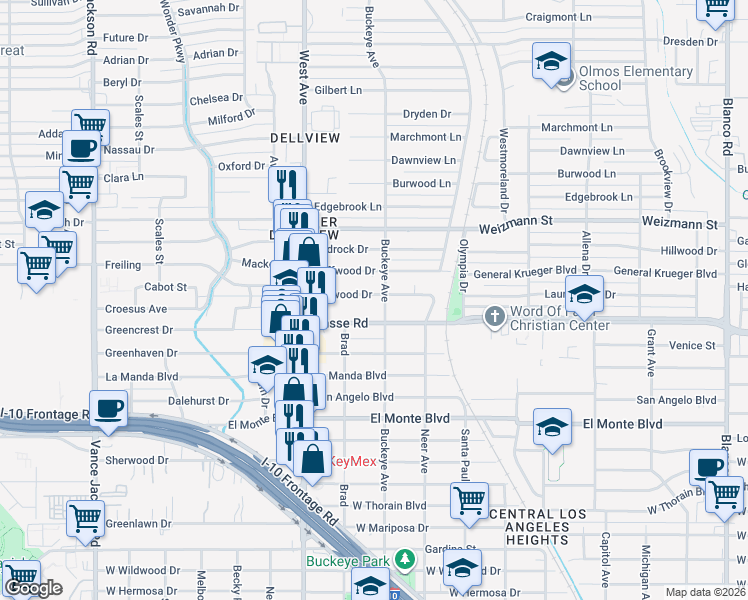 map of restaurants, bars, coffee shops, grocery stores, and more near 211 Harwood Drive in San Antonio