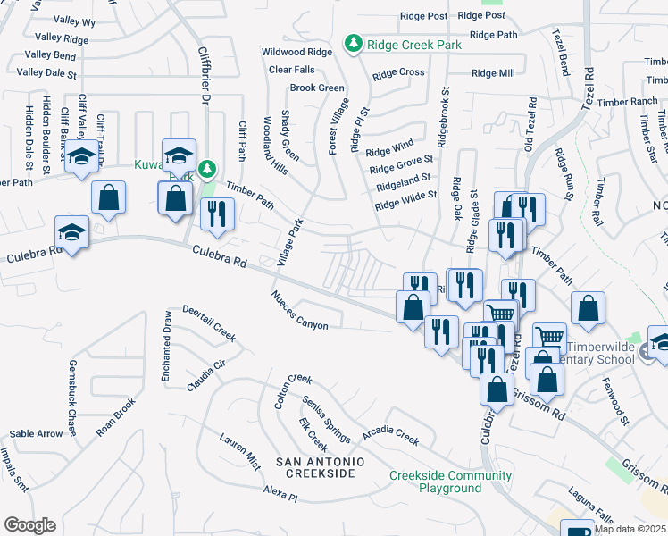 map of restaurants, bars, coffee shops, grocery stores, and more near 1903 Timber Path in San Antonio