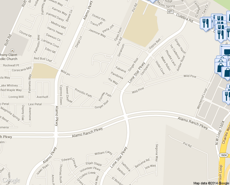 map of restaurants, bars, coffee shops, grocery stores, and more near 11706 Iris Way in San Antonio