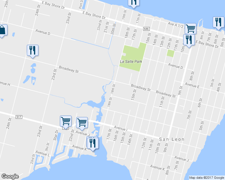 map of restaurants, bars, coffee shops, grocery stores, and more near 610 18th Street in San Leon