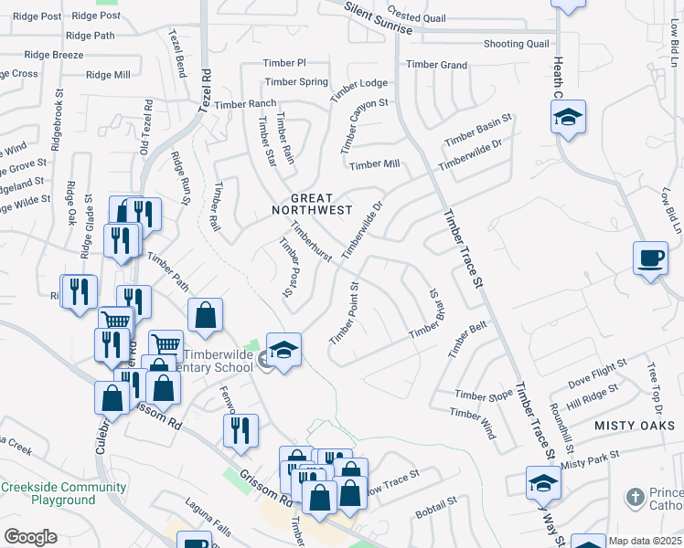 map of restaurants, bars, coffee shops, grocery stores, and more near 8702 Timberstone Street in San Antonio