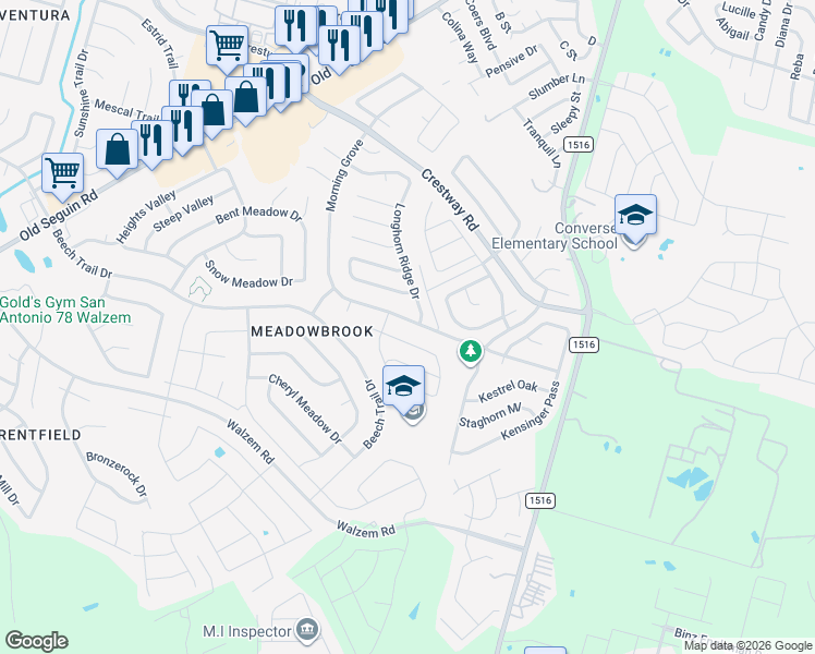 map of restaurants, bars, coffee shops, grocery stores, and more near 8226 Morning Grove in Converse