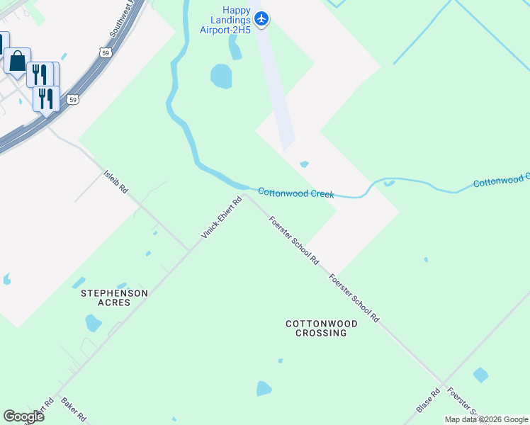 map of restaurants, bars, coffee shops, grocery stores, and more near 1601 Foerster School Road in Rosenberg