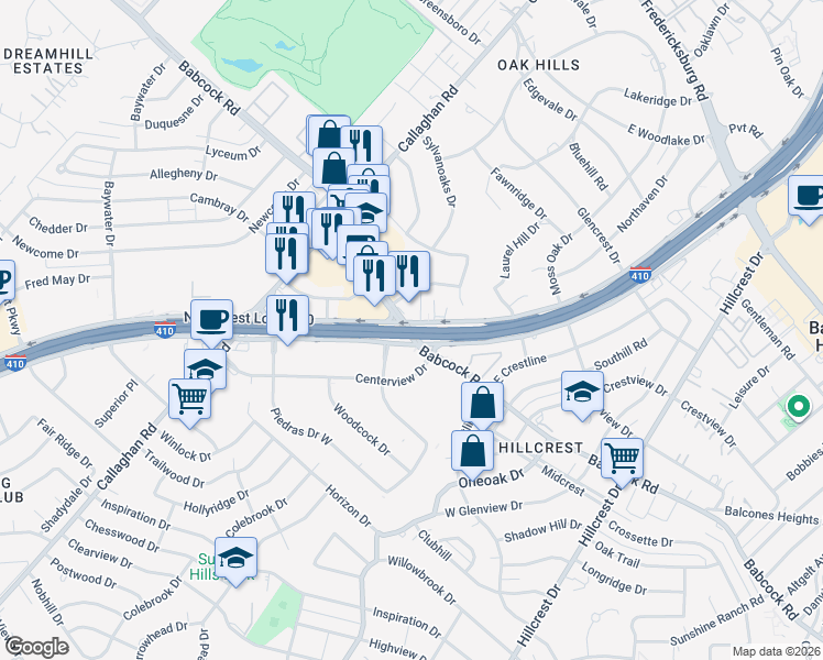 map of restaurants, bars, coffee shops, grocery stores, and more near Interstate 410 in San Antonio